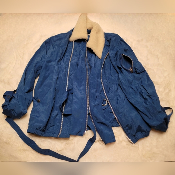 Helmut Lang Sheer Bomber Jacket Cobalt Blue Sz XS 100% Lamb Shearling Fur Collar - Picture 8 of 16